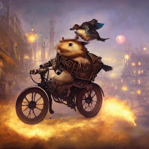 Prompt: oil painting of steampunk hamster riding on duck, steampunk city background, sharp focus, fantasy style, octane render, volumetric lighting, 8k high definition, by greg rutkowski, highly detailed, trending on art Station, explosions, magic the gathering artwork, centered