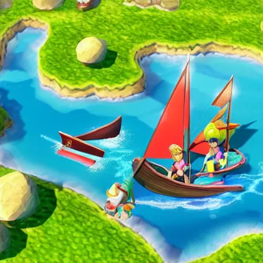 Prompt: “a still of Chrono Cross, Wind Waker, and Yoku’s Island Express crossover game”