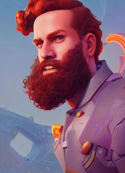 Image similar to synthwave portrait of curly orange hair man from overwatch, au naturel, hyper detailed, digital art, trending in artstation, cinematic lighting, studio quality, smooth render, unreal engine 5 rendered, octane rendered, art style by klimt and nixeu and ian sprigger and wlop and krenz cushart.