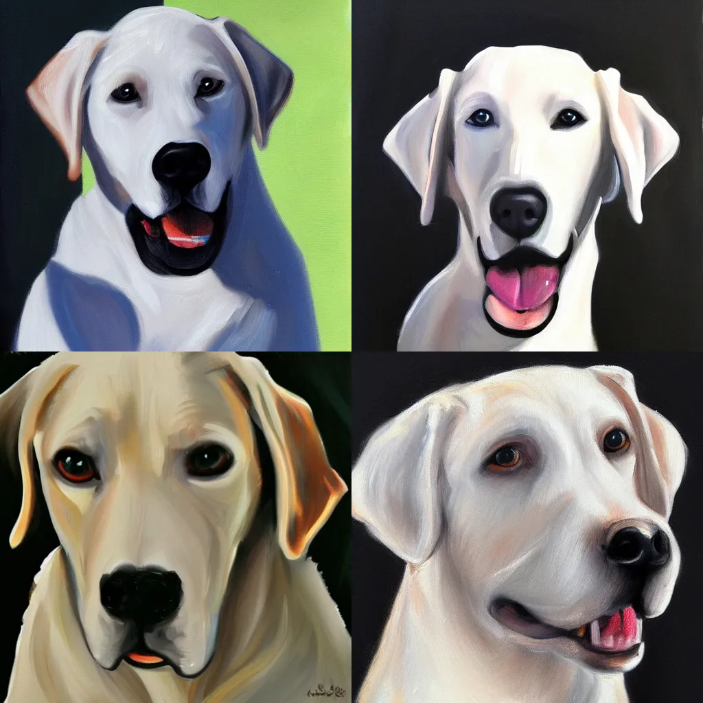 Prompt: white labrador retriever face, excited, realistic painting style, black background