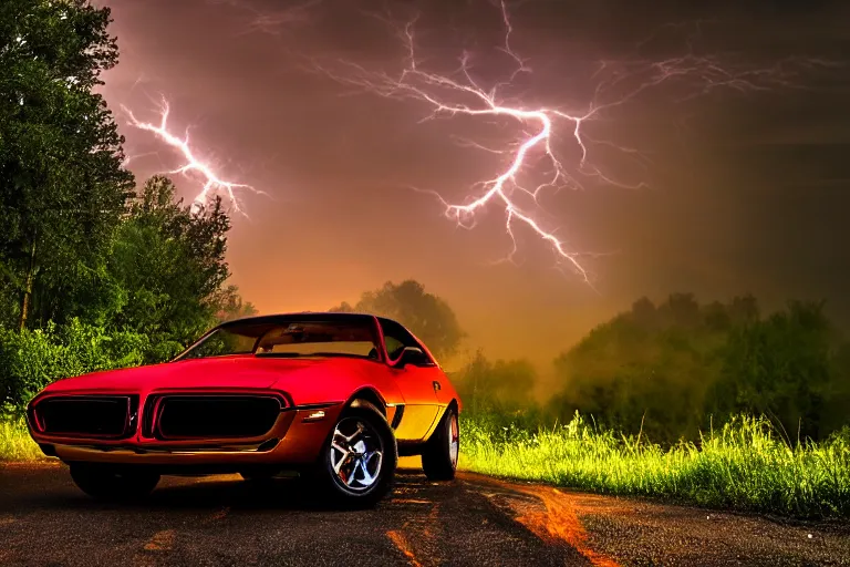 Image similar to pontiac firebird with glowing paint, sunrise, eerie light, fireflies, dog watching the car, dramatic, cinematic, forest, horror, sunbeams, volumetric lighting, wide shot, low angle, lightning storm hitting the car, ground cracking open to reveal a portal to hell