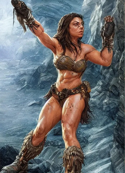 Image similar to exhausted Mila Kunis as a very muscled rugged looking Amazon, dirty, sweating, intricate, elegant, highly detailed, artstation, concept art, sharp focus, art by artgerm and donato giancola and Joseph Christian Leyendecker, WLOP