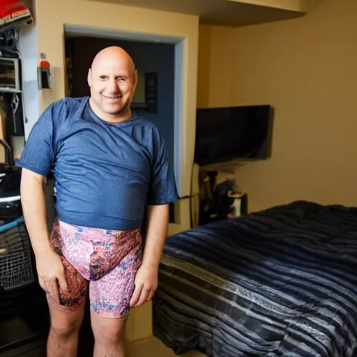 Image similar to a middle aged man, thinning hair, wearing under shirt and underpants, holding a beer, showing off his racecar bed in his apartment.