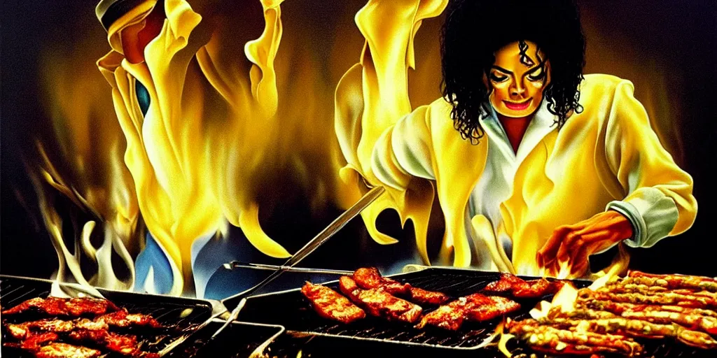 Image similar to michael jackson cooking a bbq in heaven, abstract oil painting by gottfried helnwein pablo amaringo raqib shaw zeiss lens sharp focus high contrast chiaroscuro gold complex intricate bejeweled