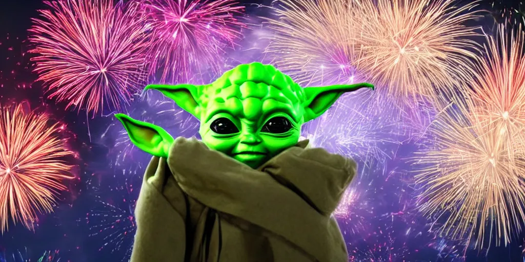 Image similar to muted rgb fireworks bursting in the sky form patterns to look like baby yoda but they're fireworks. 8 k, 4 k, hq, 3 d render, digital art, dramatic lighting, comedy, science fiction, hyper realistic, ultra detailed.