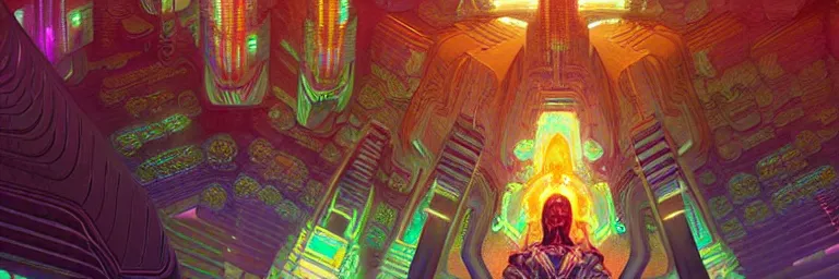 Image similar to a sprawling miniature cybernetic temple, surrounded by fractals, cybernetic faces, vaporwave aesthetic, colorful, psychedelic, digital painting, artstation, concept art, smooth, sharp focus, illustration, art by artgerm and greg rutkowski and alphonse mucha