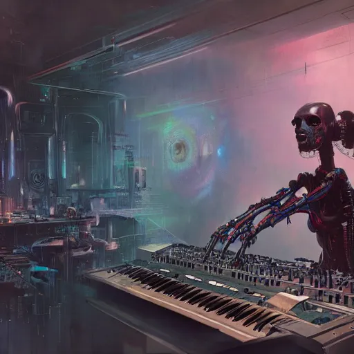 Prompt: robot making modular synth music, art by wagner kuroiwa tristan eaton, stanley artgermm, tom bagshaw, greg rutkowski, carne griffiths, ayami kojima, beksinski, giger, trending on deviantart, photorealistic, vray, hdr, hyper detailed, dramatic lighting, octane render, weta digital, 3 d sculpture