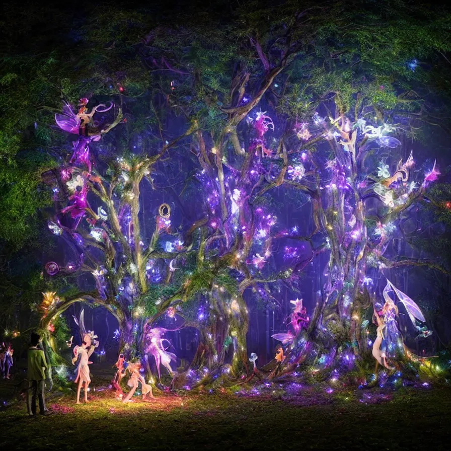 Image similar to photography award of a night carnival fairies around a magical tree, christmas lights, creatures and fantastic people disguised as fantastic creatures in a magical forest by summer night, masterpiece photography by gregory crewdson and john anster fitzgerald, volumetric lightning