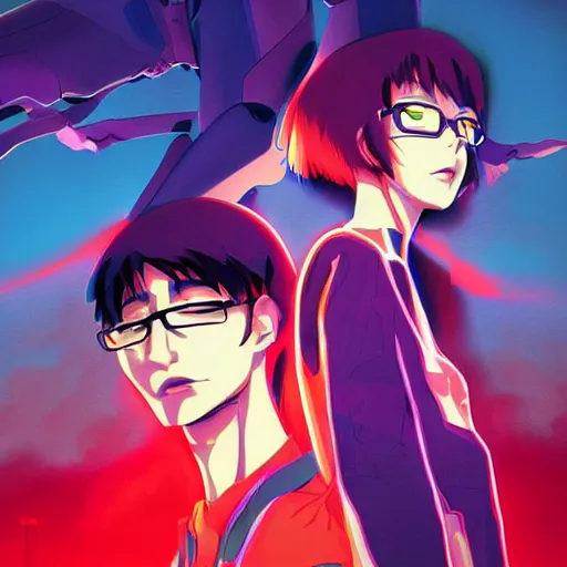 Image similar to Neon Genesis Evangelion. by Lois van baarle, ilya kuvshinov, and rossdraws. Blazing clouds