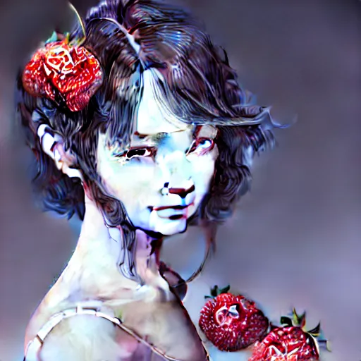 Image similar to the portrait of an absurdly beautiful, graceful, elegant, sophisticated, fashionable young gravure idol made of strawberries and white petals, an ultrafine hyperdetailed illustration by kim jung gi, irakli nadar, intricate linework, bright colors, octopath traveler, final fantasy, unreal engine 5 highly rendered, global illumination, radiant light, detailed and intricate environment