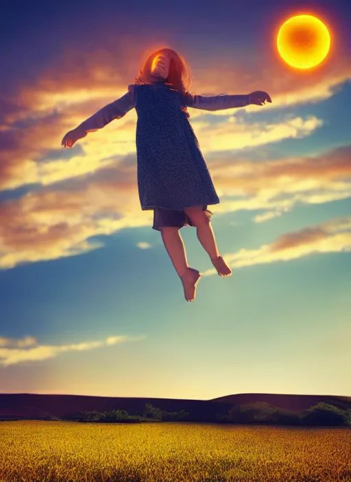 Image similar to a yellow landscape with houses, big red orb in the sky, behind the landscape, a girl levitating above the landscape by miraruido, volumetric lighting, 8 k