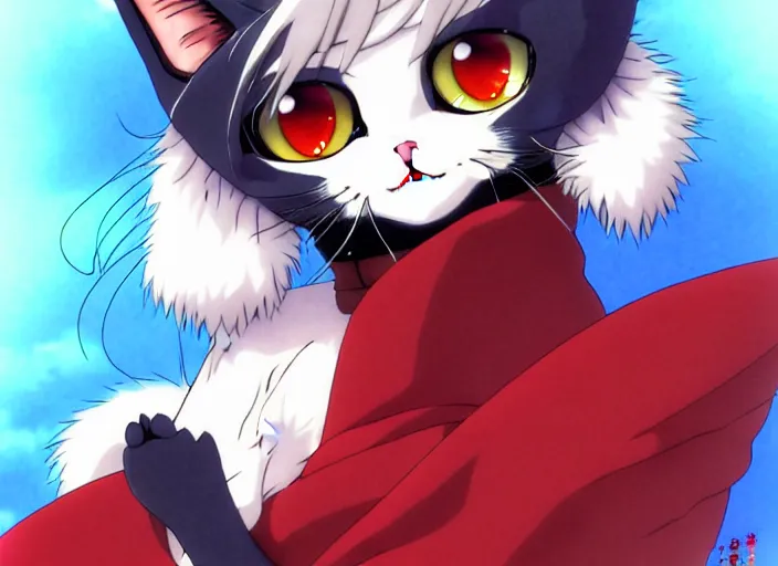 Image similar to anime visual of a cute cat, with red eyes!!!!, high quality detailed anime, cel shaded, digital art by last exile murata range blue submarine no 6, hd, ambient light