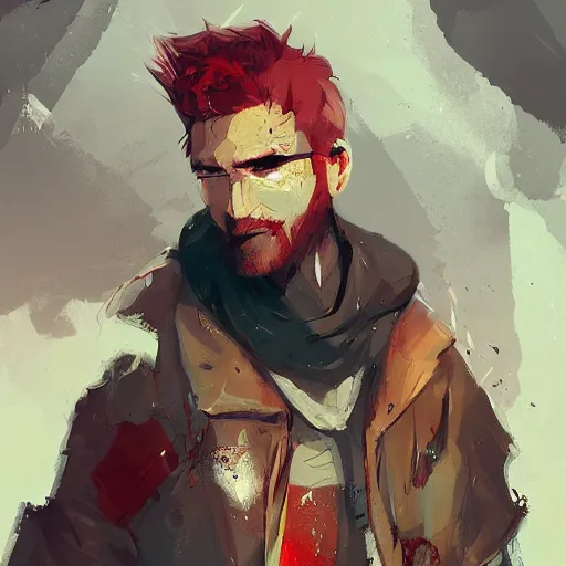 Image similar to human male character art, by Ismail Inceoglu, red hair, red beard, sunken eyes, shabby leather clothes, necklace, digital art, dungeons and dragons, art