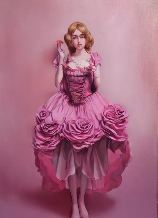 Image similar to oil painting, costume design, pink rose lolita dress, 3 d, render by maya, hyper realistic