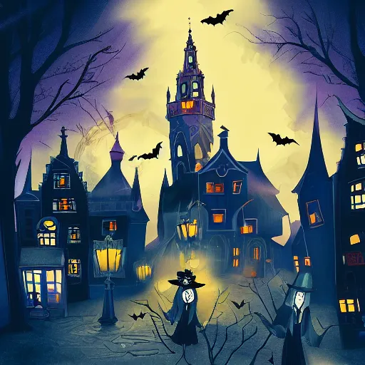 Prompt: A bustling magical town with witches flying all around inspired by amsterdam and Halloween Town from the nightmare before christmas, digital 2d, artstation