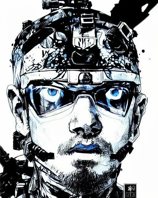 Prompt: portrait of a special ops swat officer, blue color splash, concept art, sumi - e style, intricate linework, artstation, trending, highly detailed, smooth, focus, art by yoji shinkawa,