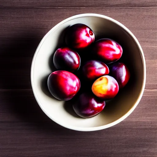 Image similar to photo of a single thick porcelain bowl filled with a few moist freshly picked plums on a wooden table. volumetric lighting. 4 k. small scale. realistic. top down.