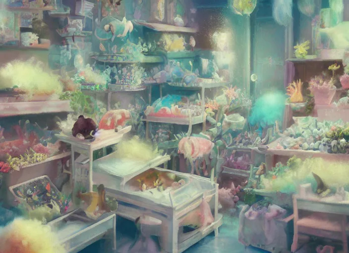 Image similar to clean impasto bright cheery placid pastel deep cozy moody cluttered painterly fluffy tiny cramped live pet store, aisles of aquariums, slanted ceiling, tiny space, particulate, trending on pixiv