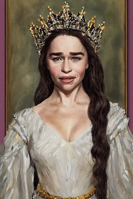 Image similar to Emilia Clarke as a queen in a painting hanging on the wall