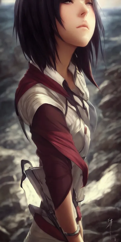 Image similar to mikasa ackerman, hero pose, medium shot, bokeh, beautiful face!!!!, 2 7 years old, cg animation, lifelike, animated, realistic, character select portrait, by artgerm, greg rutkowski, alphonse mucha, 3 d