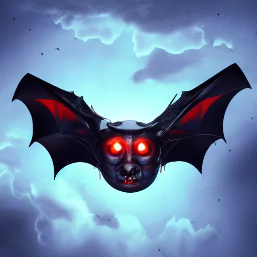 Prompt: detailed full body of scary giant mutant dark blue humanoid pygmy-bat, glowing red eyes flying above a stormy ocean, sharp teeth, acid leaking from mouth, realistic, giant, bat ears, bat nose, bat claws, bat wings, furred, covered in soft fur, detailed, 85mm f/1.4