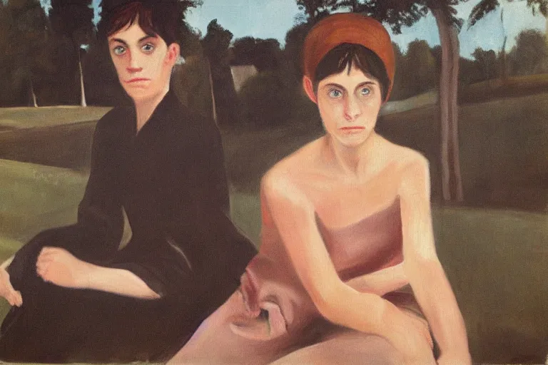 Prompt: beautiful painting of friends, beautiful faces, sitting on the edge, cute, soft light, by diane arbus