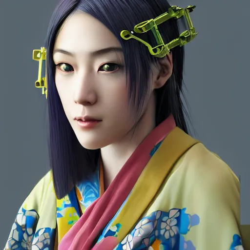 Prompt: centered portrait of a slight happy cyberpunk 3D beautiful Japanese girl in kimono, hyperdetailed eyes, soulful eyes, beautiful eyes, digital painting, trending on Artstation, cel-shading style, CG society, hyperdetailed, digital painting, hypermaximalist, golden ratio, volumetric, octane render, weta digital, micro details, 3d sculpture