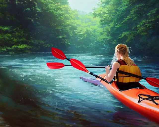 Image similar to a girl rowing a kayak in a river. forest, rocks, stream, ripples, female, atmospheric lighting. by makoto shinkai, stanley artgerm lau, wlop, rossdraws, james jean, andrei riabovitchev, marc simonetti, krenz cushart, sakimichan, d & d trending on artstation, digital art.