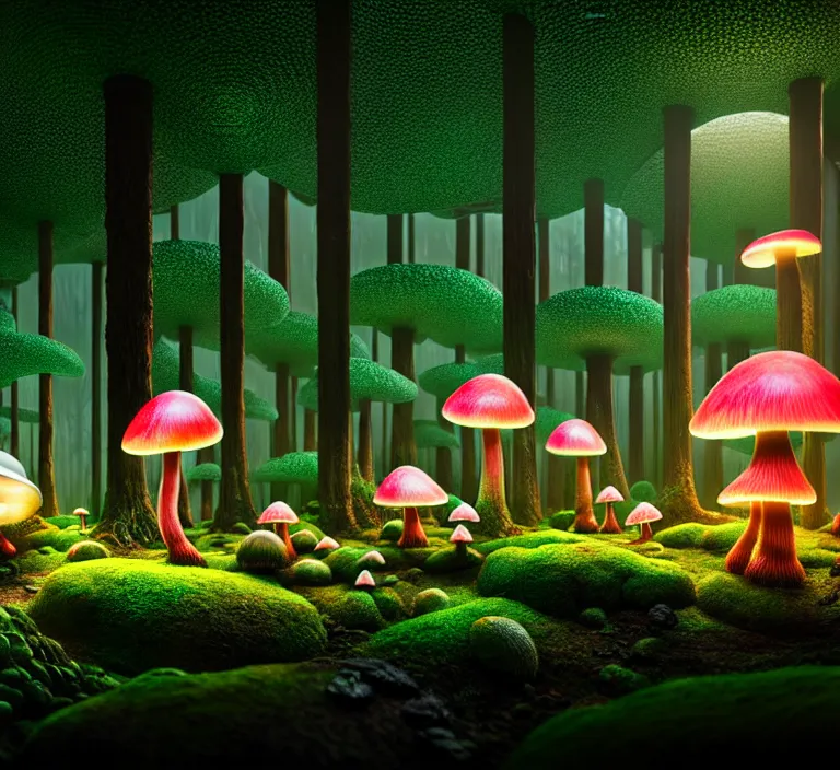 Image similar to hyperrealism photography hyperrealism concept art of highly detailed glowing with a million different species of mushrooms in forest at night highly detailed futuristic ( fantasycore ) city by wes anderson and hasui kawase and scott listfield sci - fi style hyperrealism rendered in blender and octane render volumetric natural light