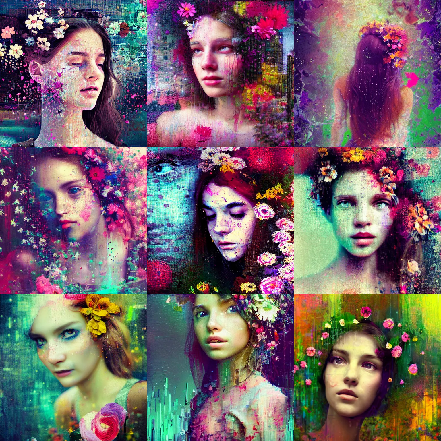 Prompt: beautiful girl portrait with flowers in her hair smiling, city setting : : raining, glitch art, glitched, pixel sorting, style of jeremy mann, oil painting, palette knife painting, style of james jean, style of ilya kushinov, somber, ethereal, corrupted data, vhs glitched screen, broken lcd screen, broken memories