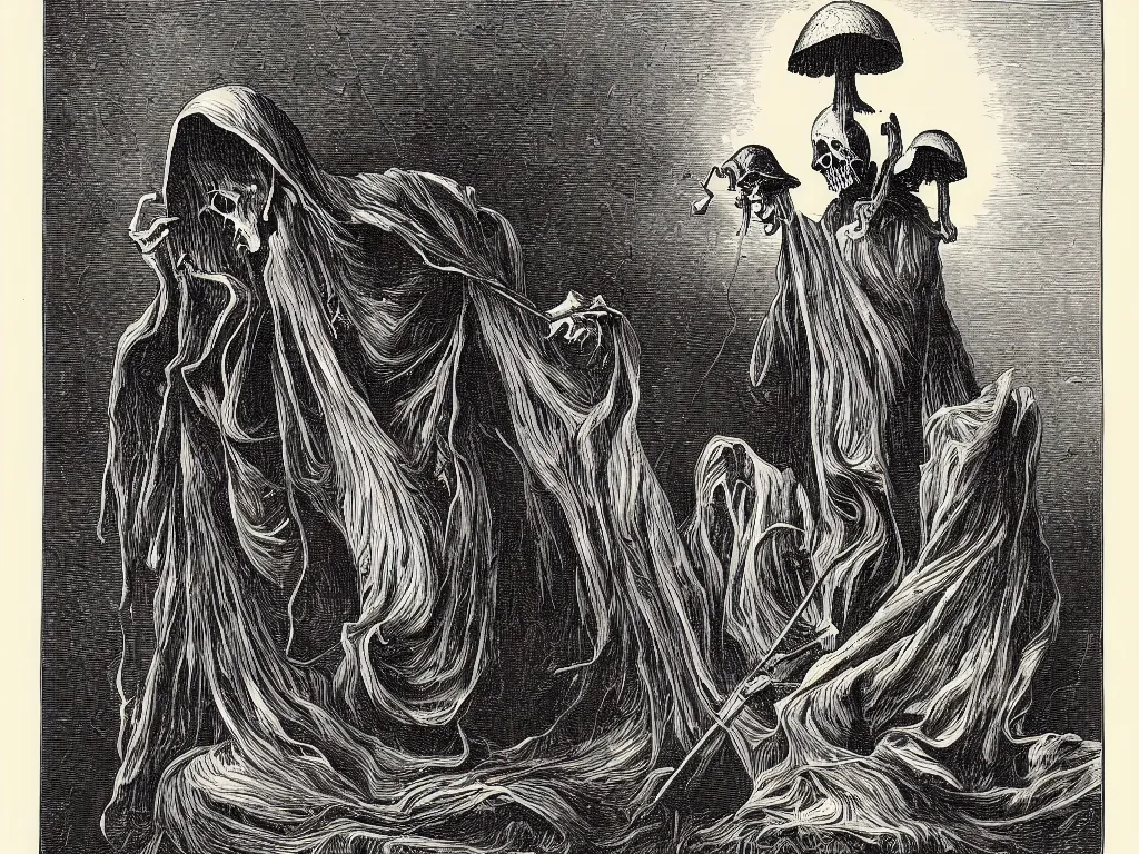 Prompt: the grim reaper death reaping a mushroom soul. Fine art engraving by Gustavo dore. 1868.