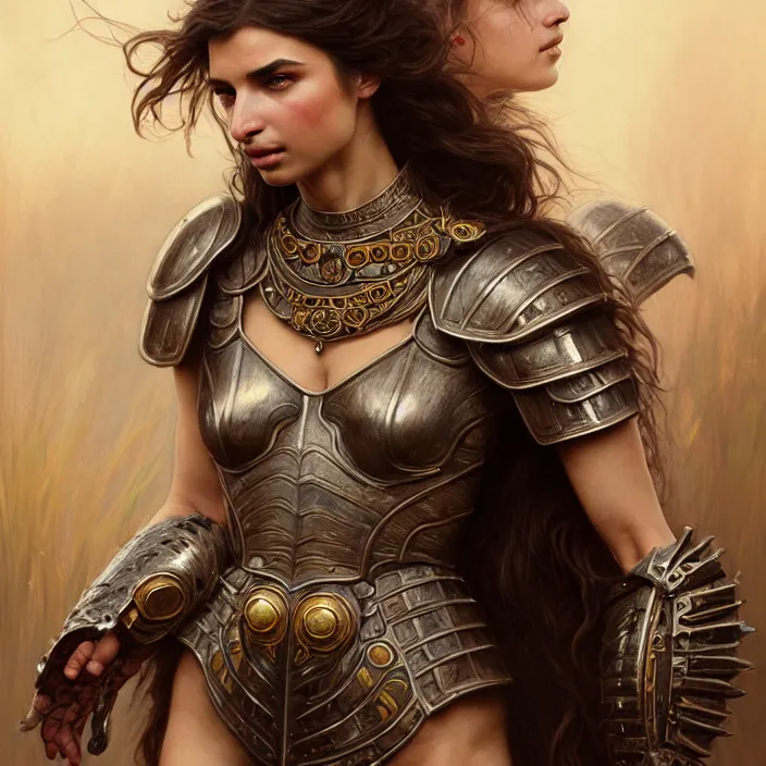 Image similar to Ancient queen Emily Ratajkowski wearing heavy armor, diffuse lighting, fantasy, intricate, elegant, highly detailed, lifelike, photorealistic, digital painting, artstation, illustration, concept art, smooth, sharp focus, art by John Collier and Albert Aublet and Krenz Cushart and Artem Demura and Alphonse Mucha