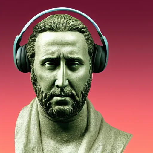 Image similar to a roman bust of Nicolas Cage wearing headphones listening to music, in the stule of vaporwave