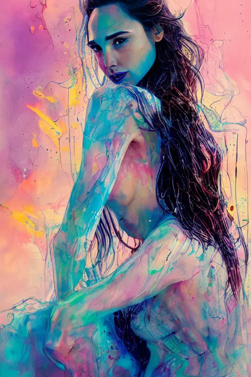 Image similar to gal gadot by agnes cecile enki bilal moebius, intricated details, sitting on table, full body portrait, extremely luminous bright design, pastel colours, drips, autumn lights