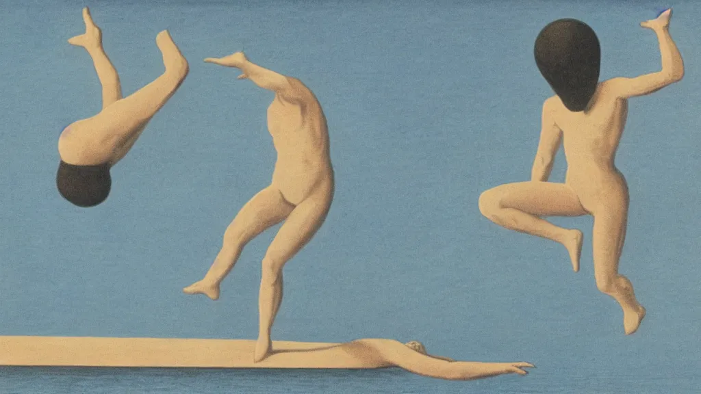 Image similar to A vintage scientific illustration from the 1970s of a choreography for people who can walk on water by René Magritte