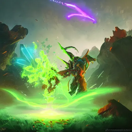 Image similar to arcane style green leaves explosion, green leaves, bright art masterpiece artstation. 8k, sharp high quality artwork in style of Jose Daniel Cabrera Pena and Greg Rutkowski, concept art by Tooth Wu, blizzard warcraft artwork, hearthstone card game artwork, leaves exploding, leaves explosion