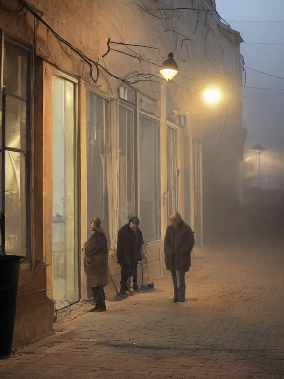 Prompt: film still of russian suburbs, lights are on in the windows, deep night, post - soviet courtyard, cozy atmosphere, light fog, street lamps with orange light, several birches nearby, several elderly people stand at the entrance to the building