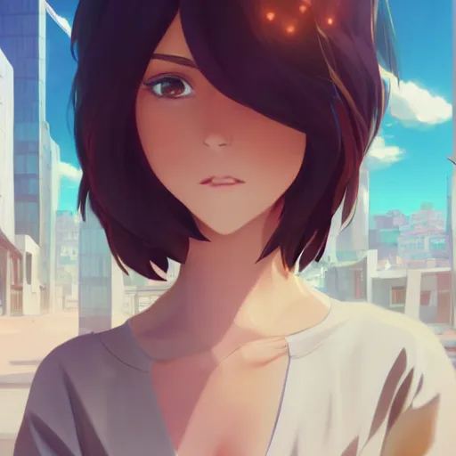 Image similar to a beautiful woman with a hime haircut, dark brown hair and tan skin, dark brown eyes, city landscape, 4k, anime key visual, lois van baarle, ilya kuvshinov, rossdraws, artstation