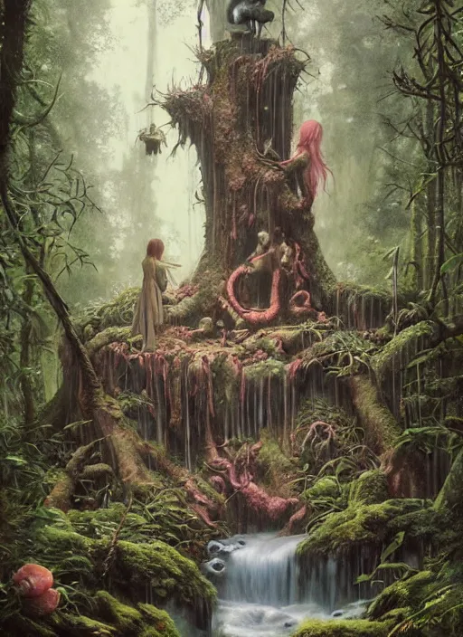 Image similar to a hyper realistic witch shrine under a waterfall in the woods, gorgeous lighting, lush forest foliage, painting by chiara bautista and tom bagshaw, muca beksinski and norman rockwell and greg rutkowski weta studio, and lucasfilm