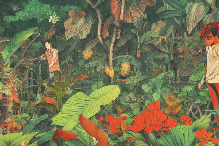 Image similar to 2 d gouache illustration, a lot of exotic vegetation, trees, many many many human heads, flowers, oldschool vintage sci - fi flat surreal design, super - detailed, painting by satoshi kon, hd, 4 k, high quality