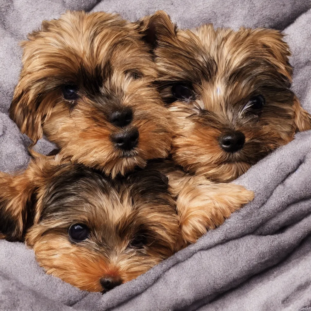 Image similar to digital painting of a cute adorable yorkie puppy sleeping on a soft blanket