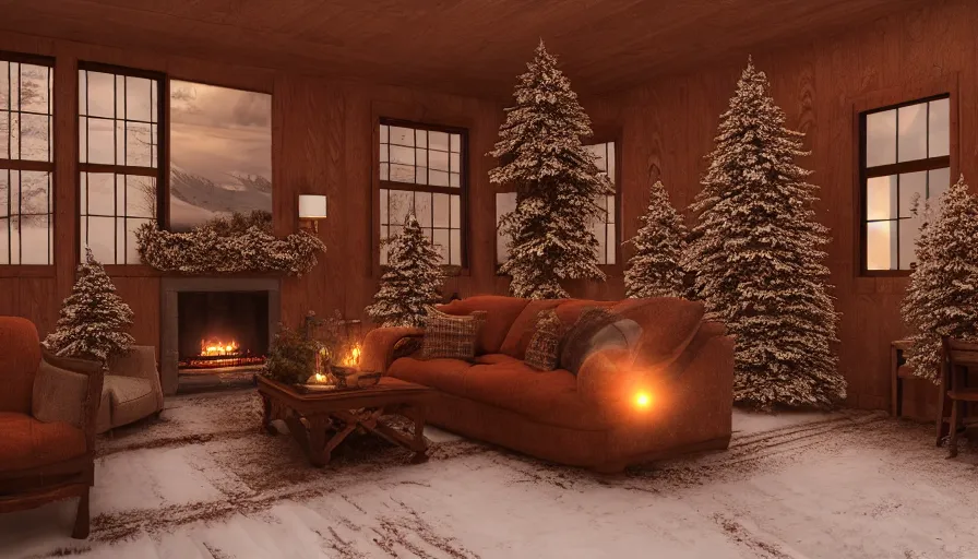 Image similar to spacious warm cozy snowplow interior, intricate and decorated, winter landscape outside, volumetric lighting, photorealistic rendering, hyperreal