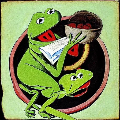Prompt: “Kermit the Frog in the style of Saturn Devouring His Son by Francisco Goya, fresco”
