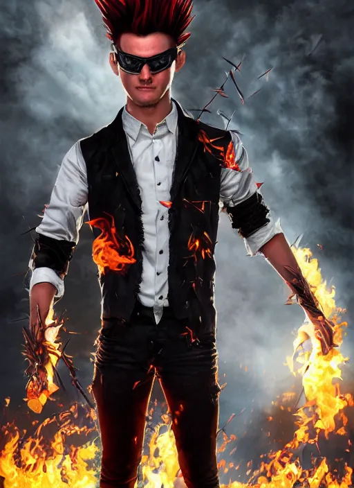 Image similar to An epic fantasy comic book style portrait painting of young man with long red spiked hair. Wearing a black waistcoat, white shirt, using googles. Blasting fire on his hands. Unreal 5, DAZ, hyperrealistic, octane render, cosplay, RPG portrait, dynamic lighting