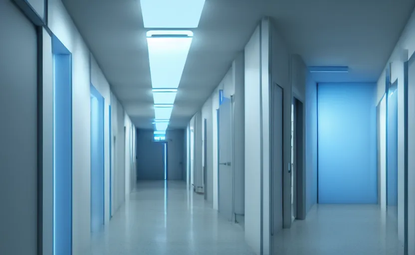 Image similar to an hallway in hospital with soft blue lights in the roof, octane render, artstation trending, highly detailded