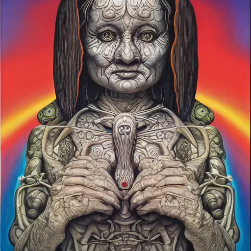 Image similar to monalisa by jacek yerka, alex gray, zdzisław beksiński, dariusz zawadzki, jeffrey smith and h.r. giger, oil on canvas, 8k highly professionally detailed, trending on artstation