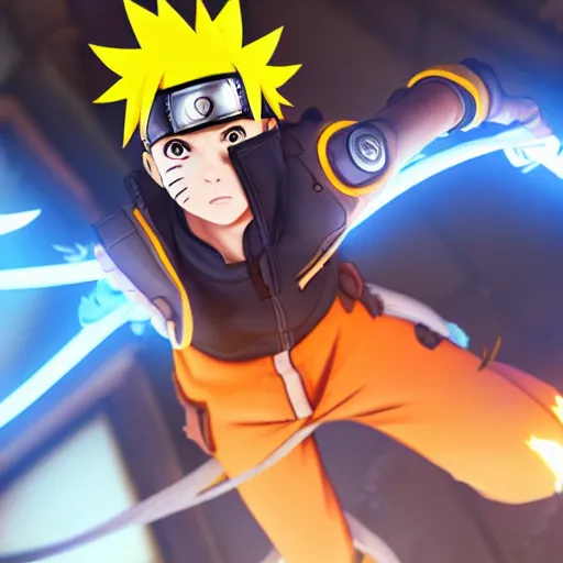 Image similar to a screenshot of naruto as tracer in overwatch, portrait, fantasy, beautiful face, vivid colors, elegant, concept art, sharp focus, digital art, hyper realistic, 4 k unreal engine, highly detailed, hd, dramatic lighting by brom, trending trending on art - station