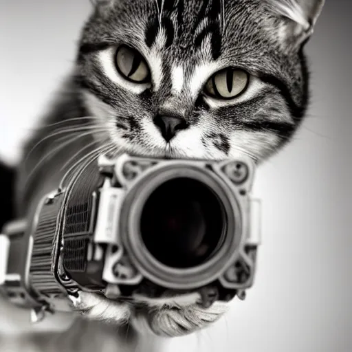 Image similar to a cat holding a gun pointed at the camera, professional photography