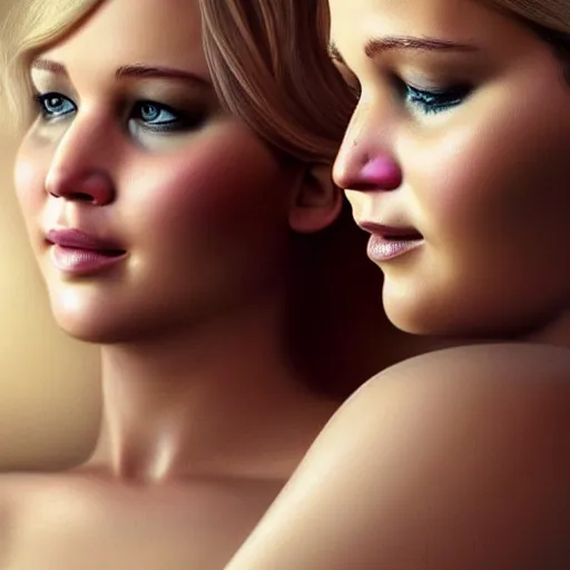 Prompt: beautiful serene intricate portrait of jennifer lawrence and jennifer lawrence, smiling softly, wearing casual clothes, relaxing on the couch, interior lighting, peaceful living room interior, soft focus, 8 k, art by irakli nadar, hyperrealism, hyperdetailed, ultra realistic