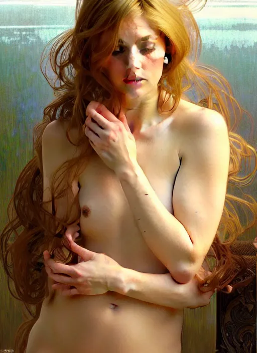 Image similar to painted portrait of a clothed shy modern wife blessed by god to grow immaculately attractive and perfect. blonde, gifted holy body! light effect. feminine, fertile, hyper detailed, intricate, elegant, fertility, concept art, digital painting, artstation, smooth, sharp focus, illustration, art by gaston bussiere and alphonse mucha